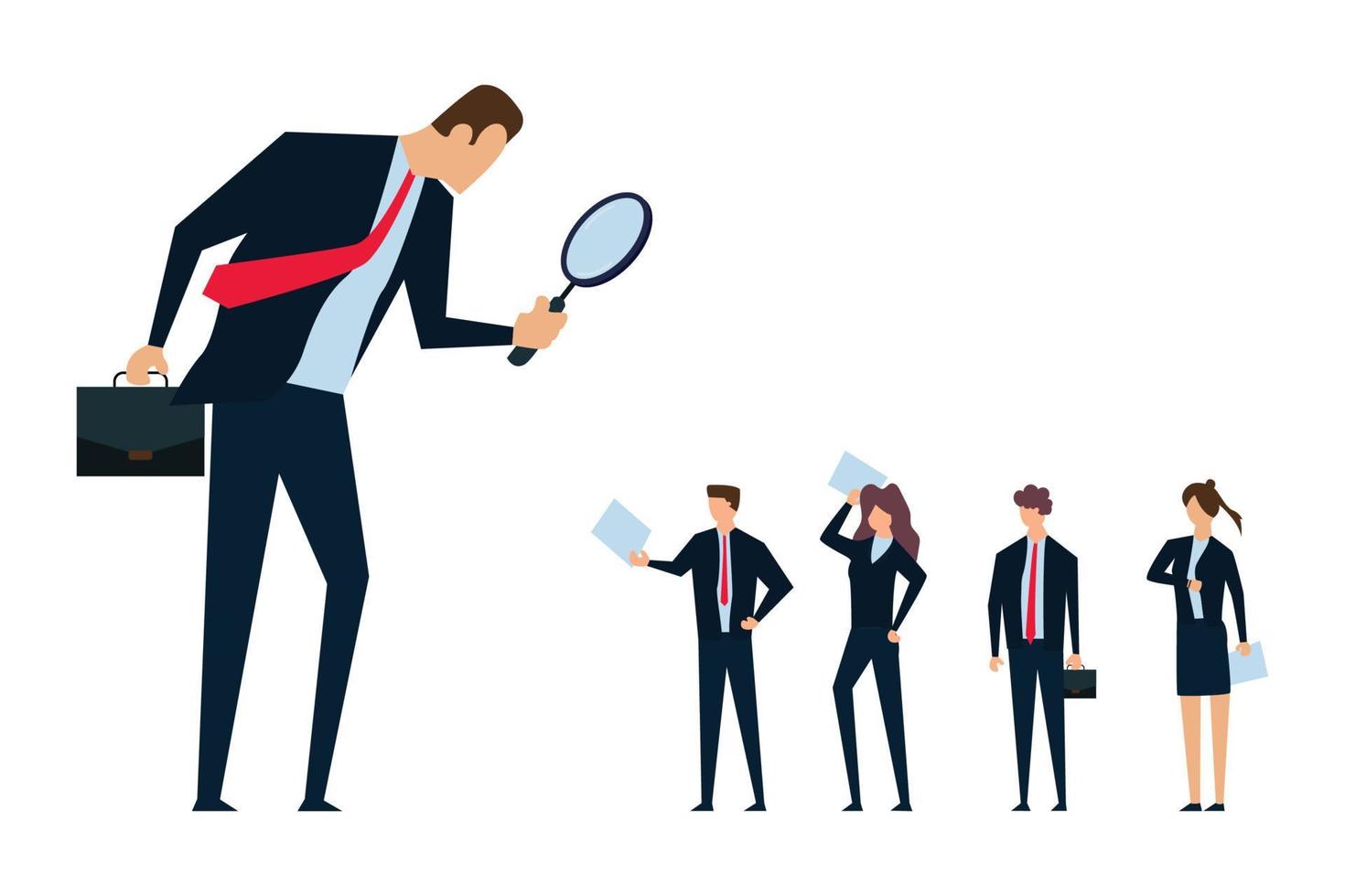 Recruitment searching the best candidate or job, employer boss or HR use magnifying glass to choose job interview people vector