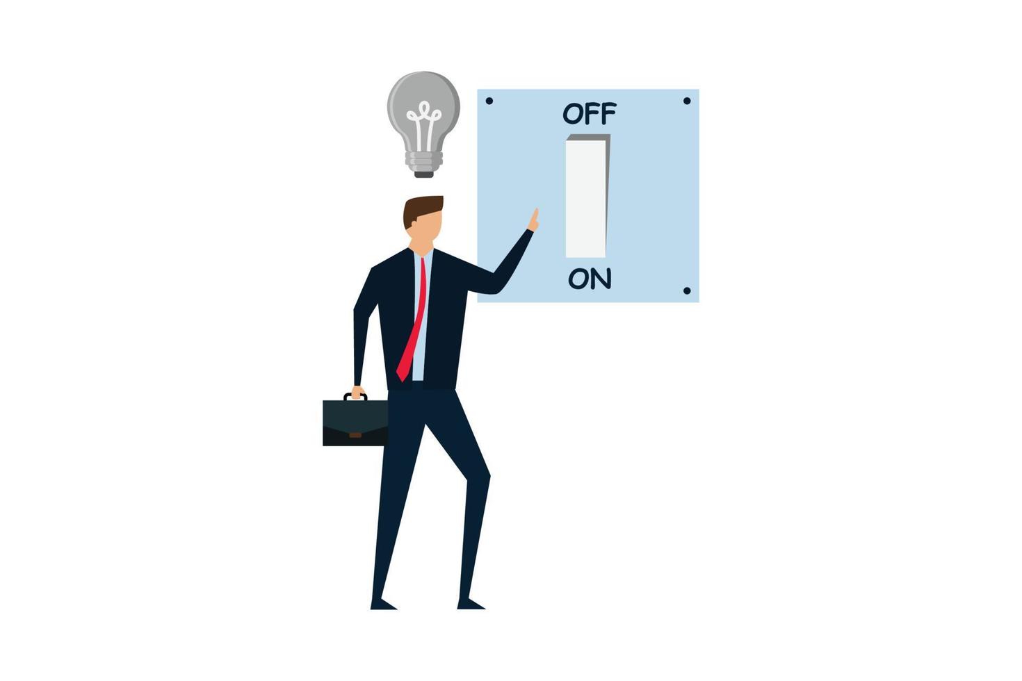 New business ideas, smart businessman in suit switching on the switch to turn on lightbulb lamp over his head metaphor of discover new idea. vector