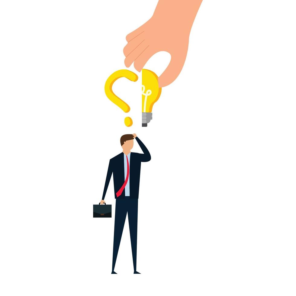 decision making and solution, confusing businessman stand with question mark sign then helping hand put half of lightbulb lamp for bright solution. vector