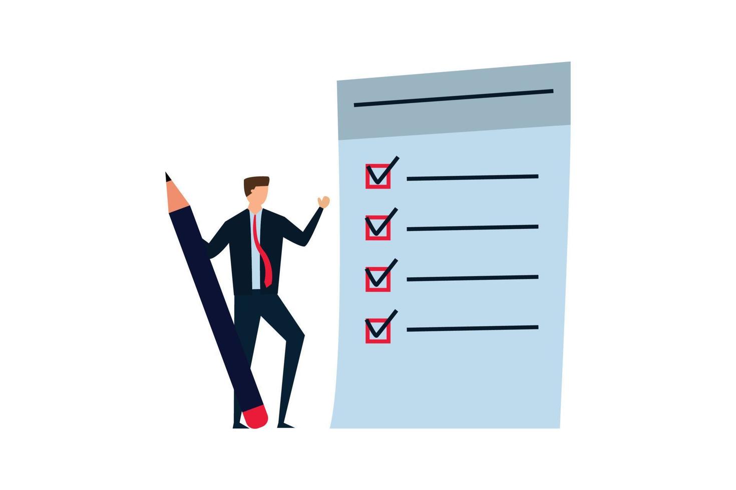 Checklist for work completion, confident businessman standing with pencil after completed all tasks checklist vector