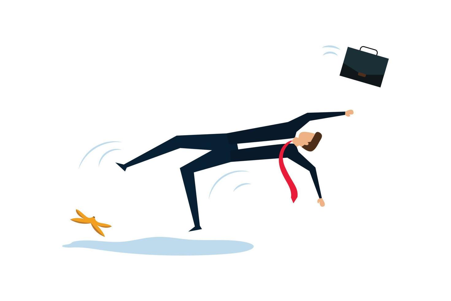 Business mistake or accident, insurance. businessman running and slipping with big banana peels on the ground. vector