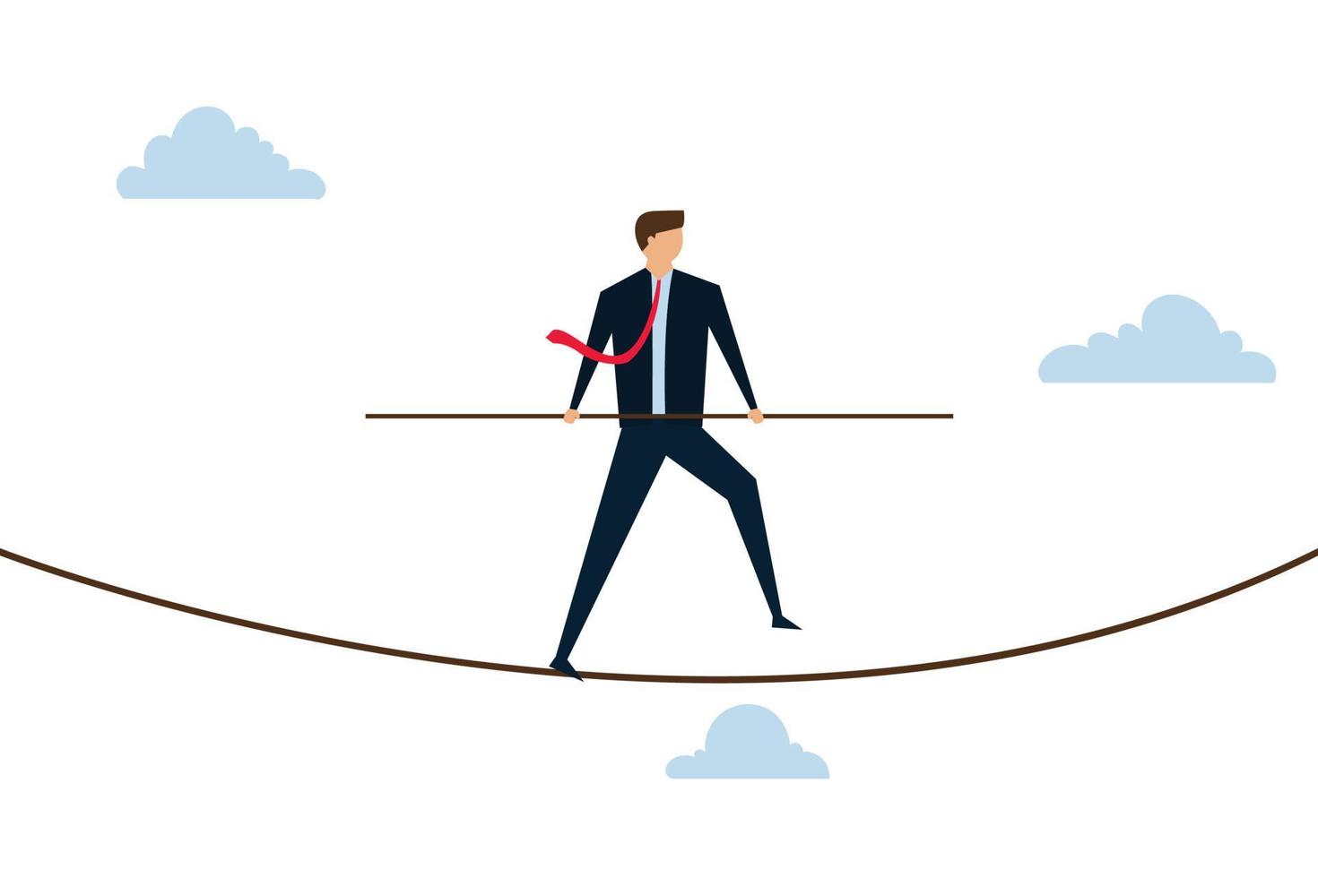 Leadership skill to lead company in crisis situation, confidence businessman leader acrobat walk balance on danger high rope and try to solve tightrope problem. vector