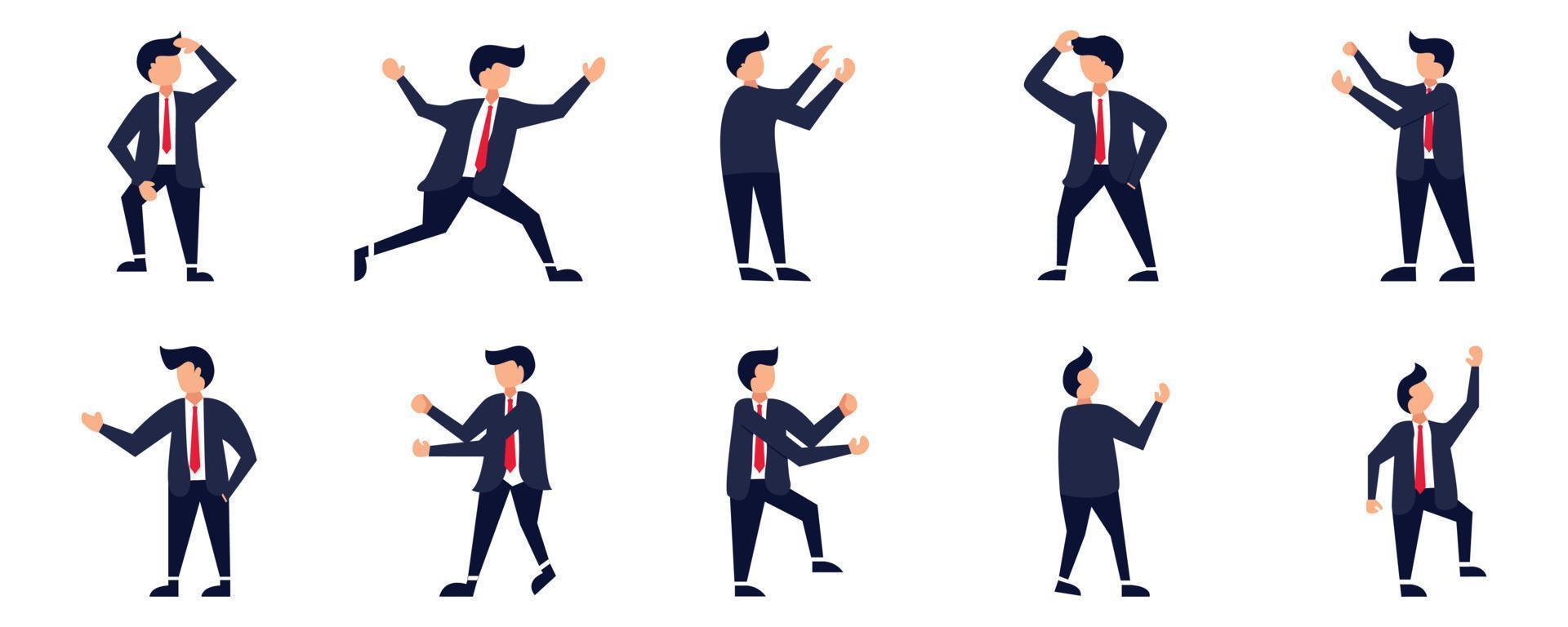 Set of Businessman or office vector characters in various poses. Cartoon young employee businessman character working