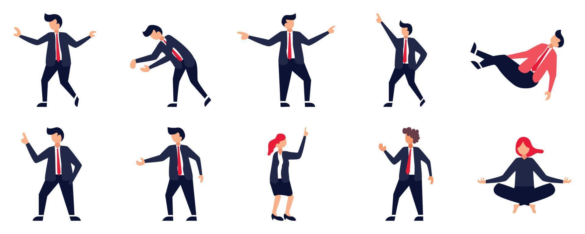 Set of Businessman or office vector characters in various poses. Cartoon young employee businessman character working