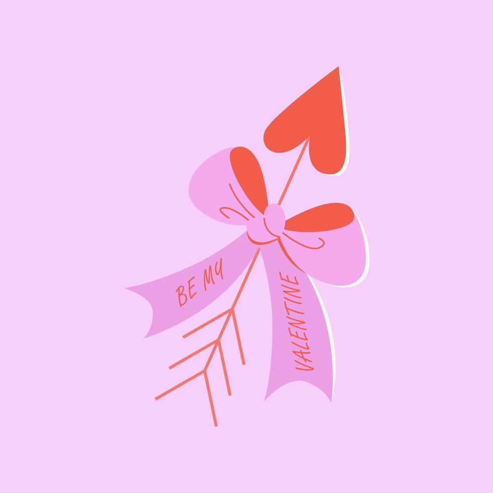 la flecha roja de cupido sea mi san valentín para el día de san valentín. flecha de ángel del corazón con lazo rosa, plumas y texto. parche de corazón, arma de San Valentín. amor, concepto romántico. vector