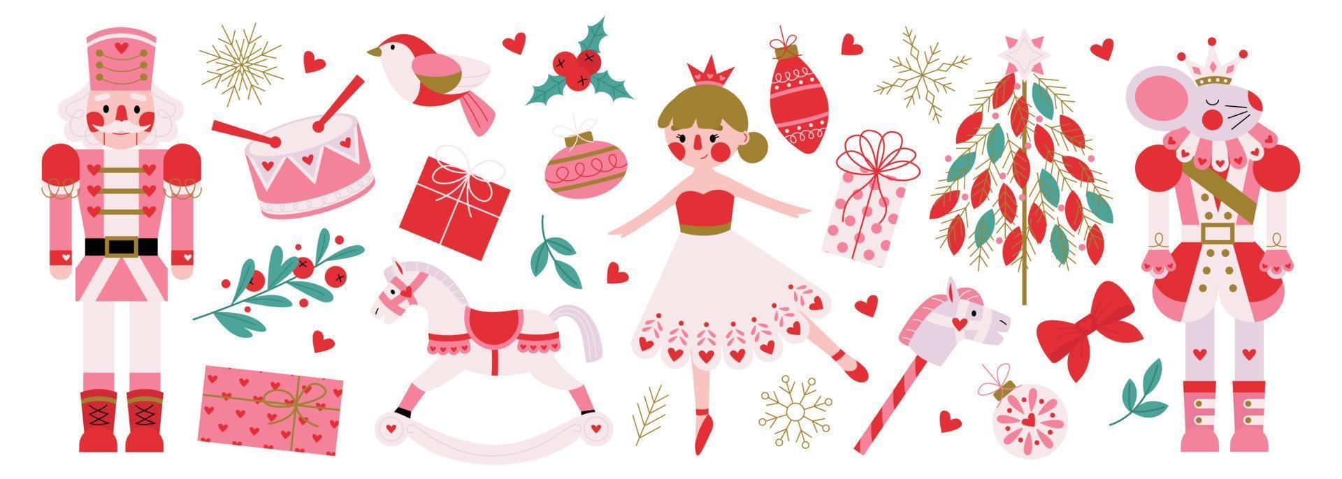 Christmas set of characters from the winter tale ballet Nutcracker's story. Nutcracker, mouse king, princess ballerina, snowflakes, gifts, christmas tree, toys, drumm mistletoe, berries. vector