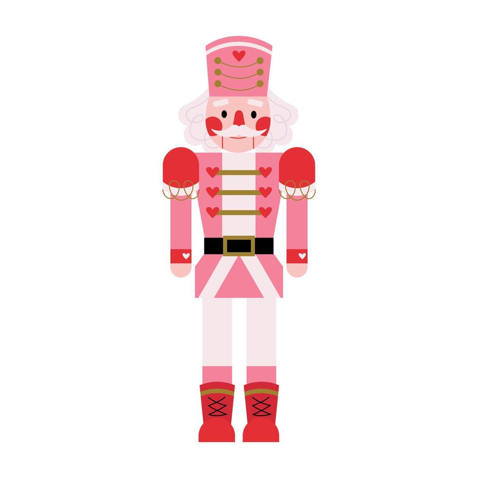 Christmas character Nutcracker in pink costume with red hearts. Winter tale ballet Nutcracker story. Antique traditional figurine doll. Holiday character romantic boy in seasonal clothes. vector