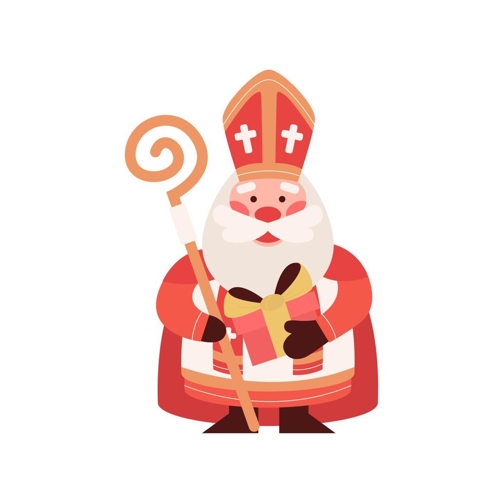 Cute Saint Nicholas or Sinterklaas with gift box and staff. Happy St Nicholas Day. Old man bishop character. Winter Christian holiday. Mascot cartoon illustration. vector