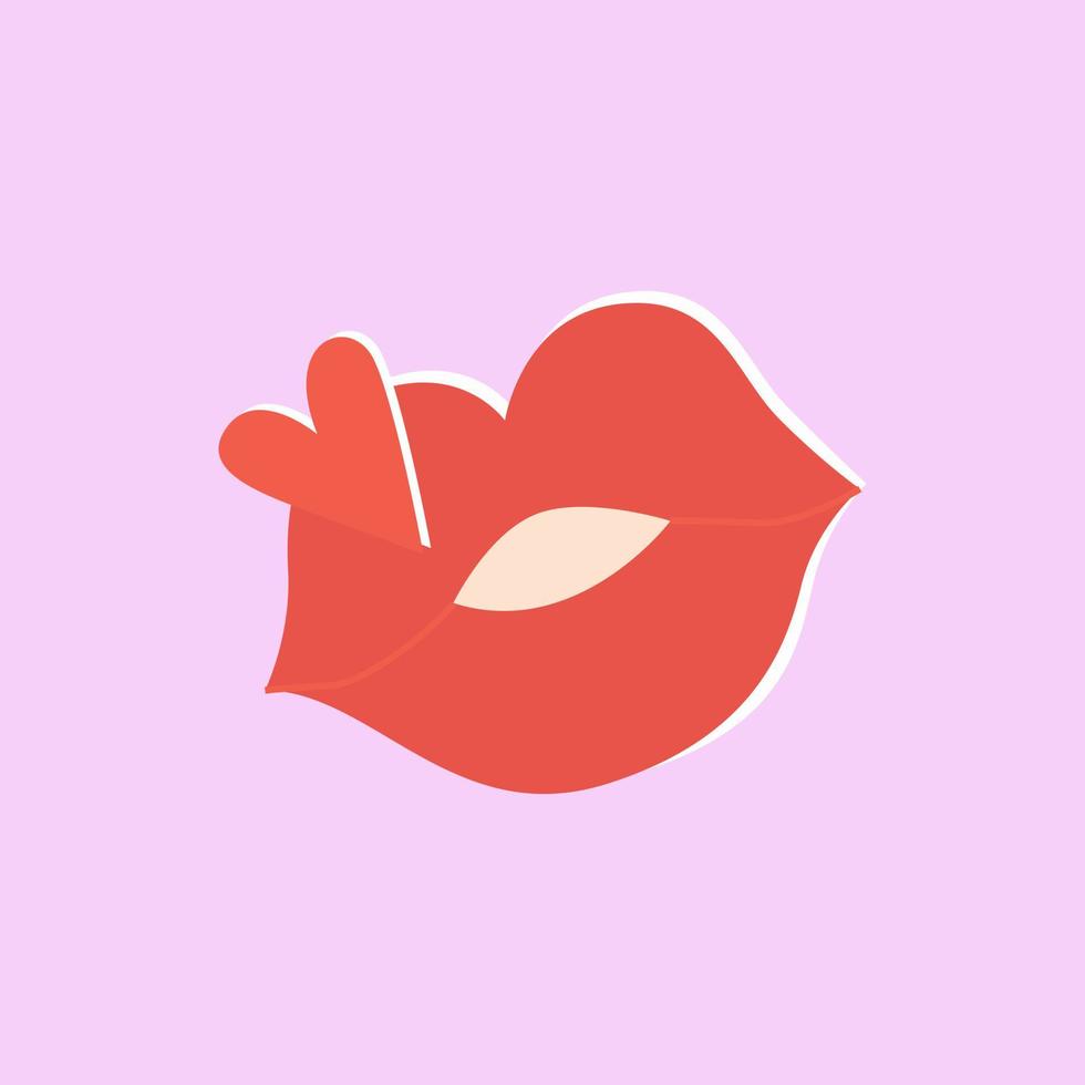 Female kiss lips with heart for Saint Valentines day. Love retro lips. February 14. Happy kiss day. Romantic lover red element. vector