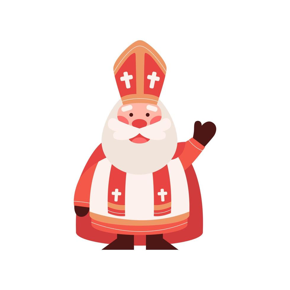 Cute Saint Nicholas or Sinterklaas waving by hand. Happy St Nicholas Day. Old man bishop character. Winter Christian holiday. Mascot cartoon illustration. vector