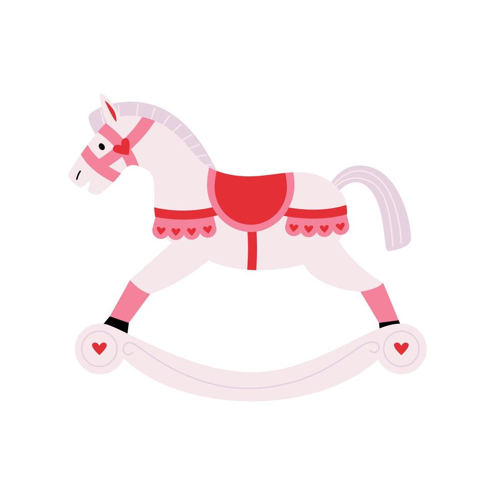 Cute xmas rocking white horse with pink ruffle with hearts. Wooden swinging horse toy. Kids First Toys for newborn babies. Cowboy toy with wheels. Merry Christmas and New Year. vector