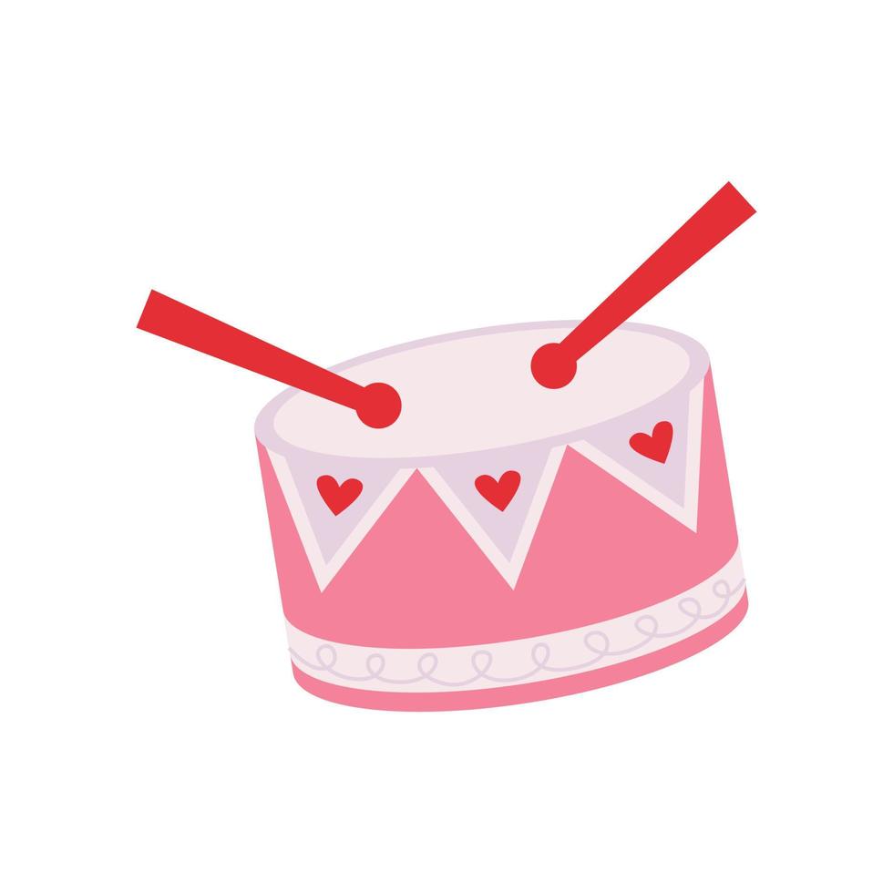 Pink drum percussion musical instrument with hearts. Drum machine toy with red wooden sticks. Instrument for parade, carnival, festival, orchestra. Winter tale ballet Nutcracker's story. Flat. vector