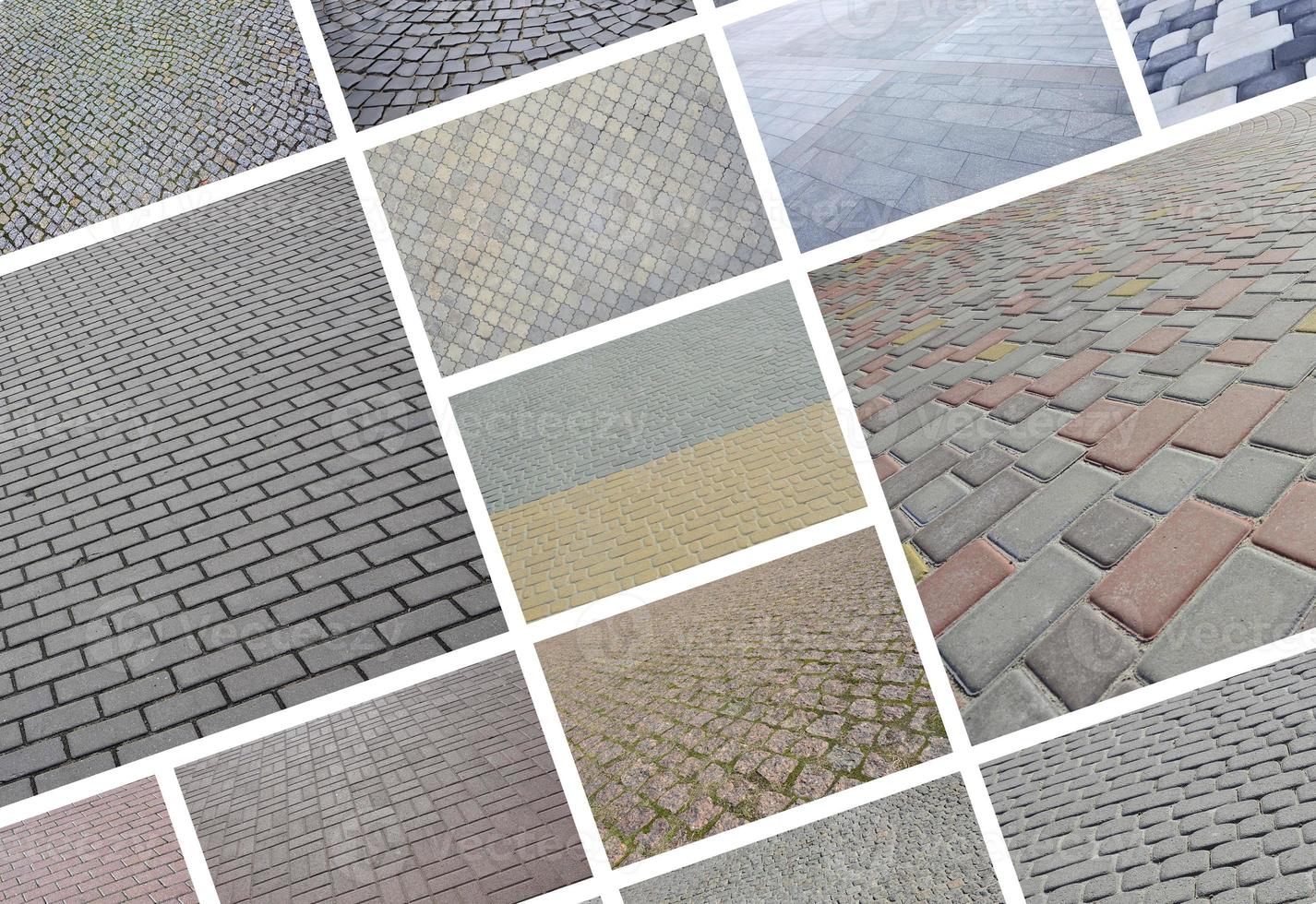 A collage of many pictures with fragments of paving tiles close-up. Set of images with pavement stone photo