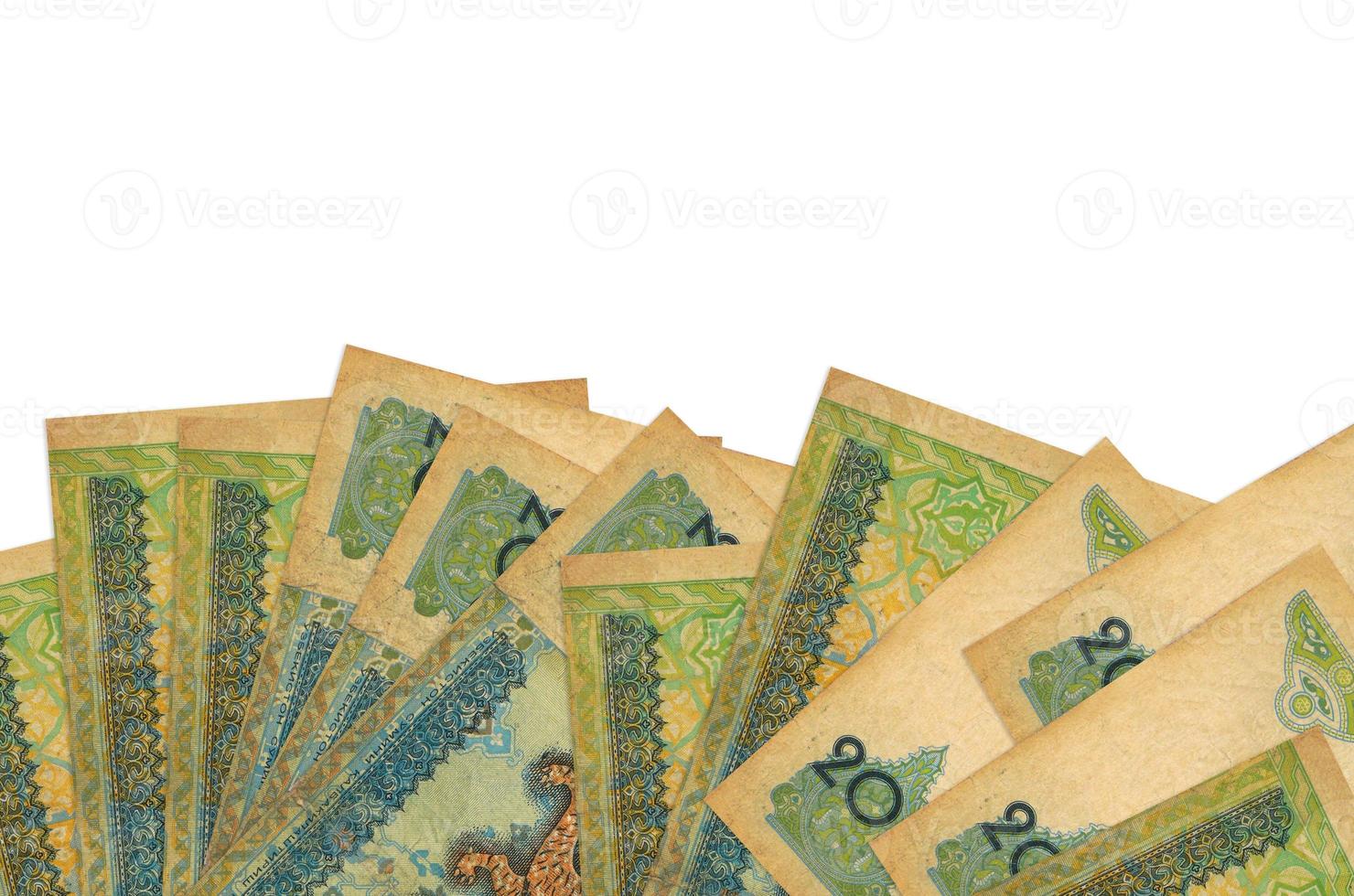 200 Uzbekistani som bills lies on bottom side of screen isolated on white background with copy space. Background banner template photo