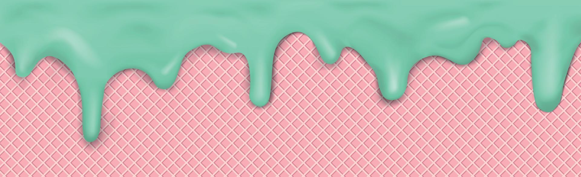 Sweet seamless panoramic ice cream pattern with dripping pink icing and wafer texture - Vector