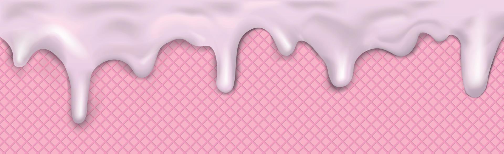 Sweet seamless panoramic ice cream pattern with dripping pink icing and wafer texture - Vector