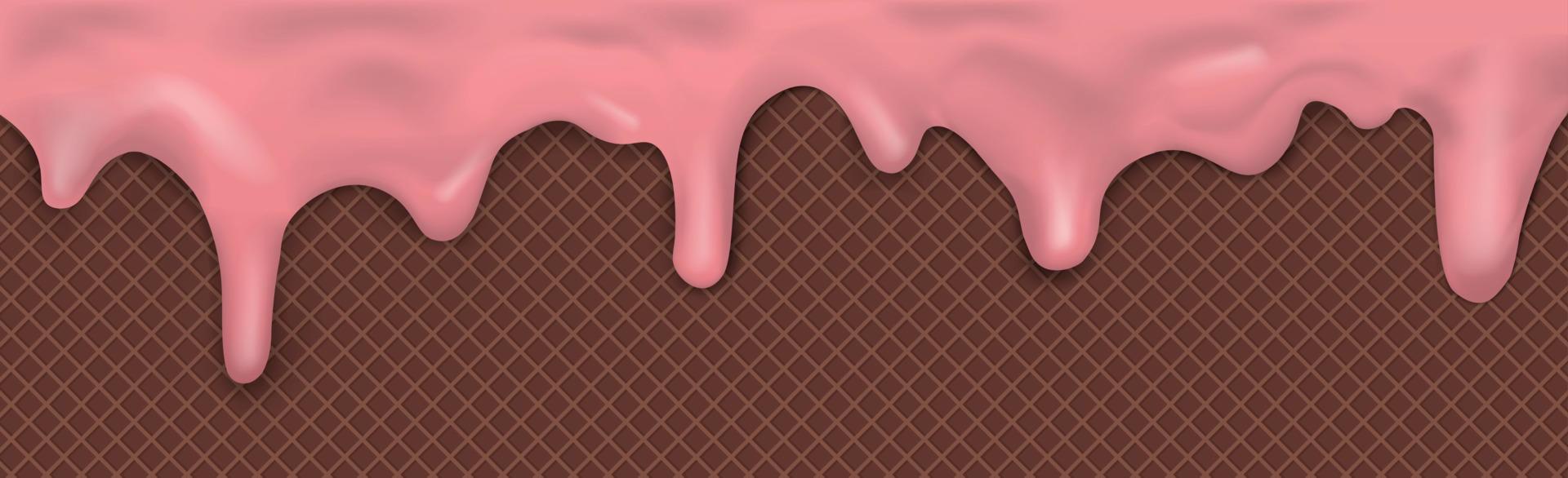 Sweet seamless panoramic ice cream pattern with dripping pink icing and wafer texture - Vector