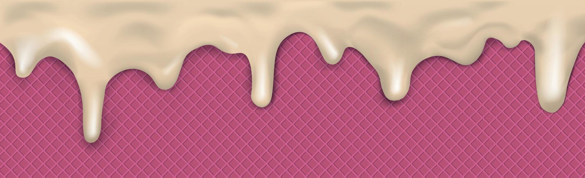 Sweet seamless panoramic ice cream pattern with dripping light icing and wafer texture - Vector