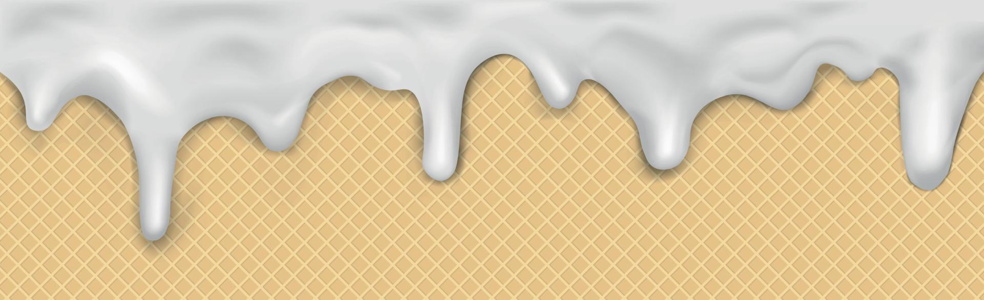 Sweet seamless panoramic ice cream pattern with dripping white icing and wafer texture - Vector