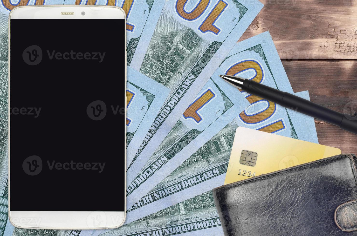100 US dollars bills and smartphone with purse and credit card. E-payments or e-commerce concept. Online shopping and business with portable devices photo