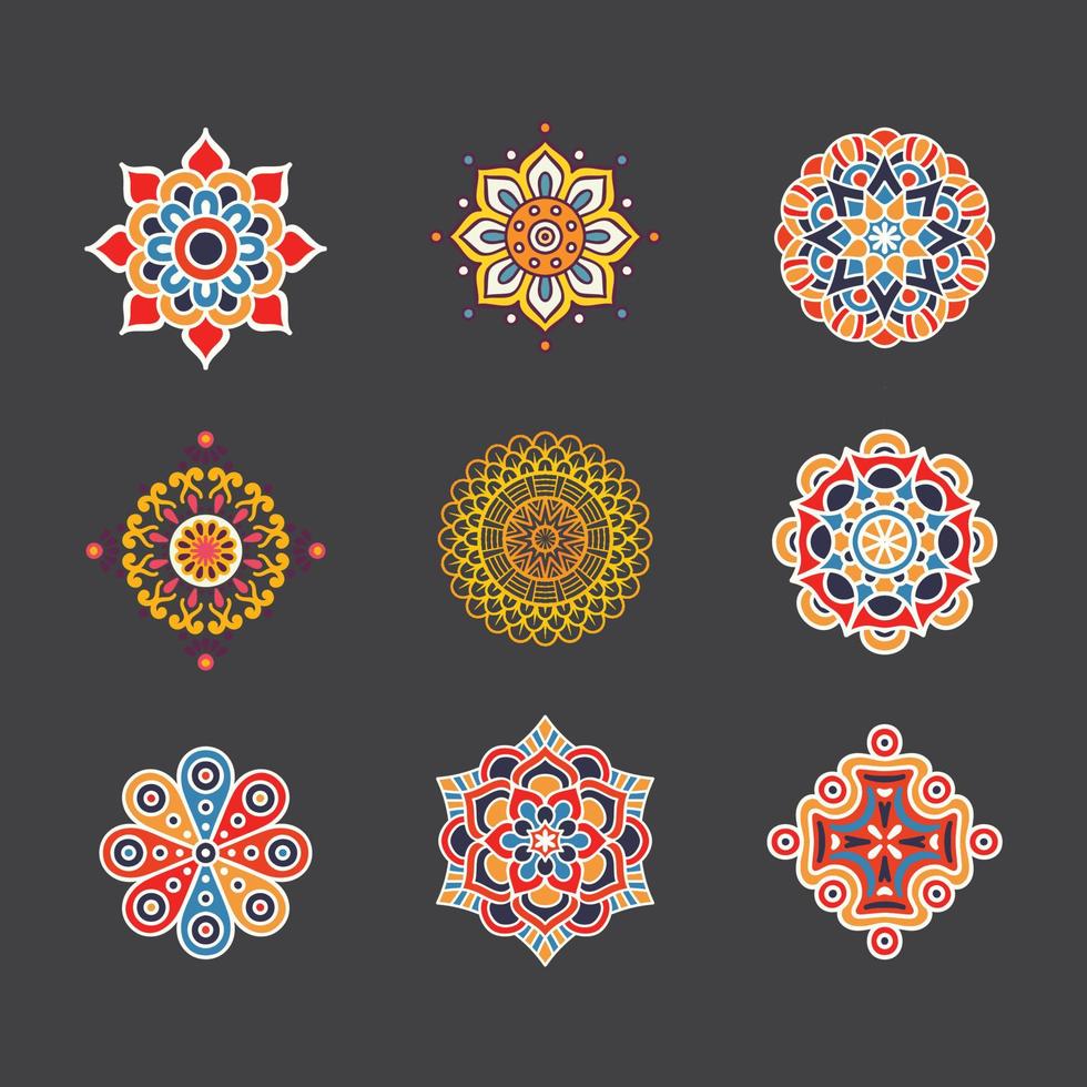 Set of round gradient mandala on white isolated background. Vector hipster mandala in green, red, blue, violet and pink colors. Mandala with floral patterns. Yoga template.