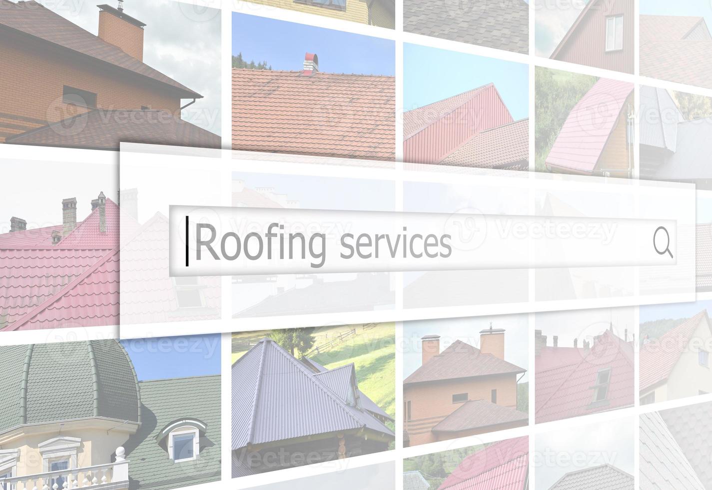 Visualization of the search bar on the background of a collage of many pictures with fragments of various types of roofing. Roofing services photo