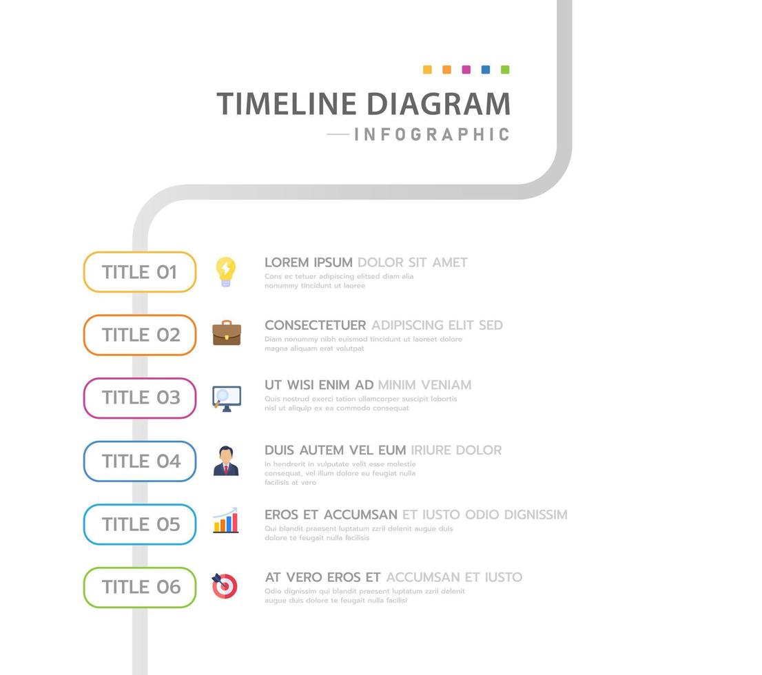 Infographic template for business. 6 Steps Modern Timeline diagram with title roadmap and icons, presentation vector infographic.