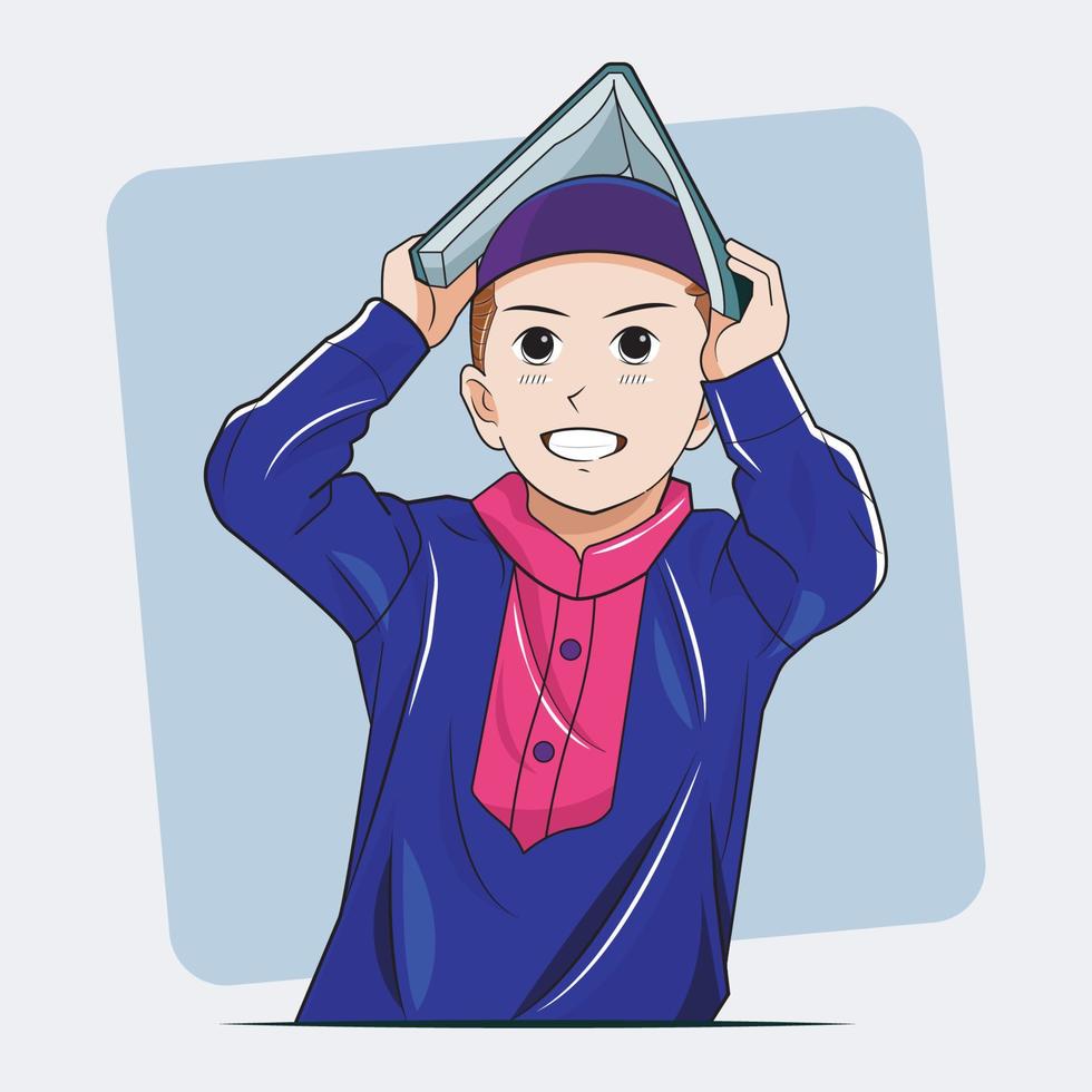 Kid Muslim Study. Boy holding book above his head smiling vector illustration free download