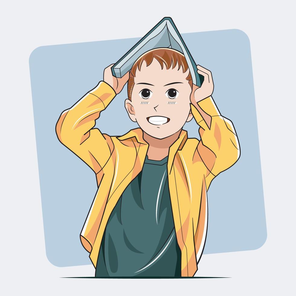 Kid Study. Boy holding book above his head smiling vector illustration pro download