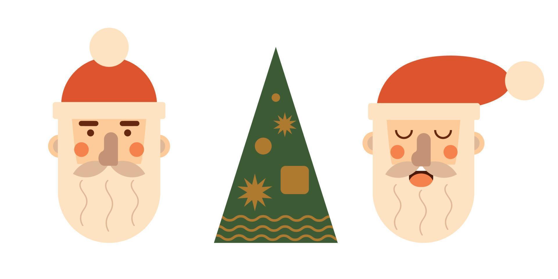 Geometric Christmas Santa character set, Christmas tree isolated elements. Santa face with different emotions on face for animation. Vector illustration.