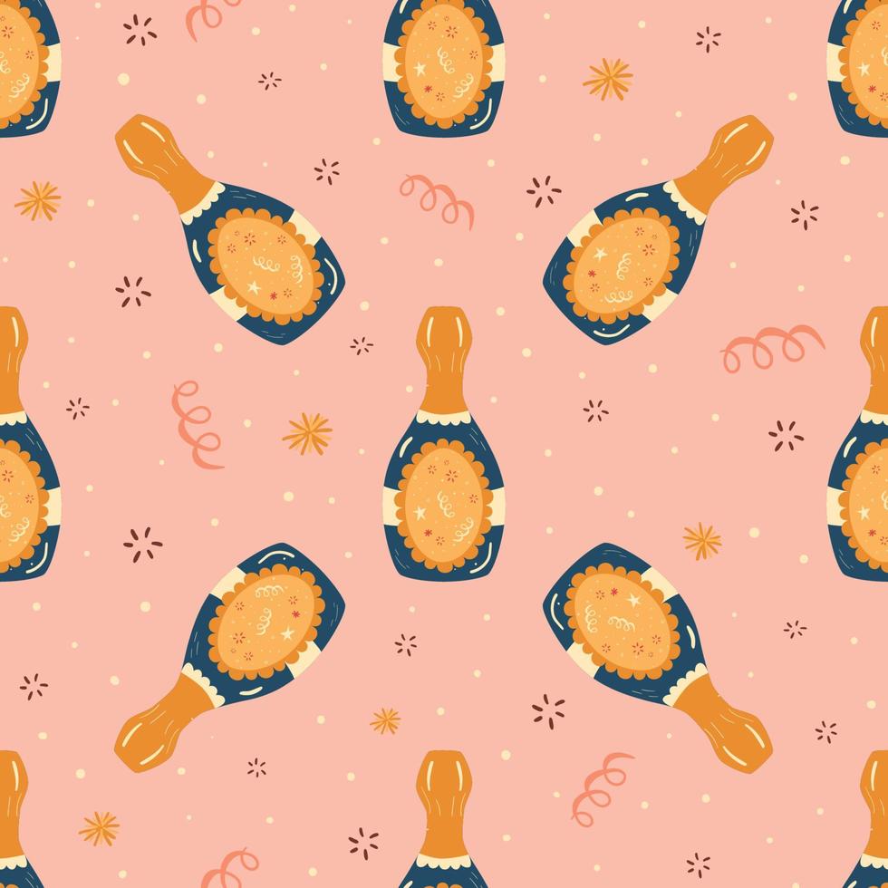 Bottle of champagne pattern, sparkly wine bottles seamless pattern hand drawn on the pink background for Christmas party celebration, birthday, anniversaries. Vector illustration, repeated wallpaper
