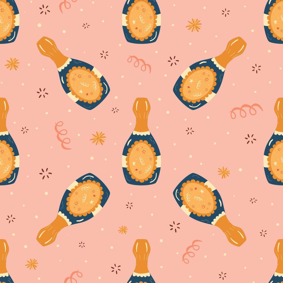 Bottle of champagne pattern, sparkly wine bottles seamless pattern hand drawn on the pink background for Christmas party celebration, birthday, anniversaries. Vector illustration, repeated wallpaper