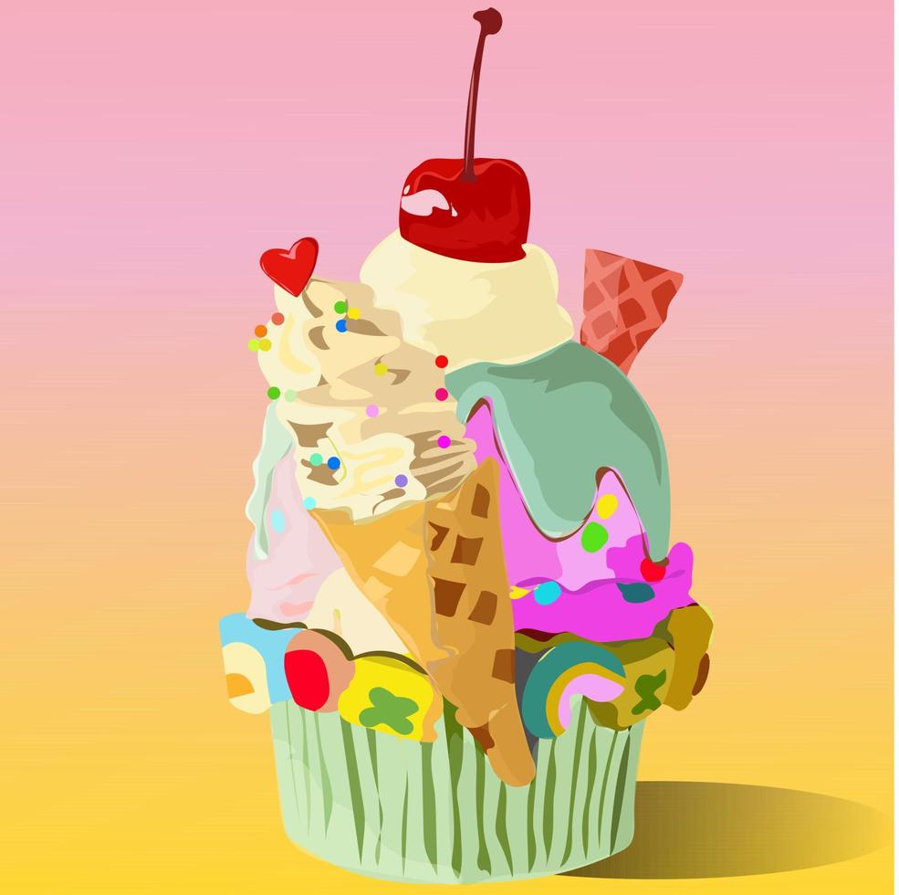 vector and illustration, Cupcakes, decorated with ice cream and sprinkled with colorful chocolate and red cherries