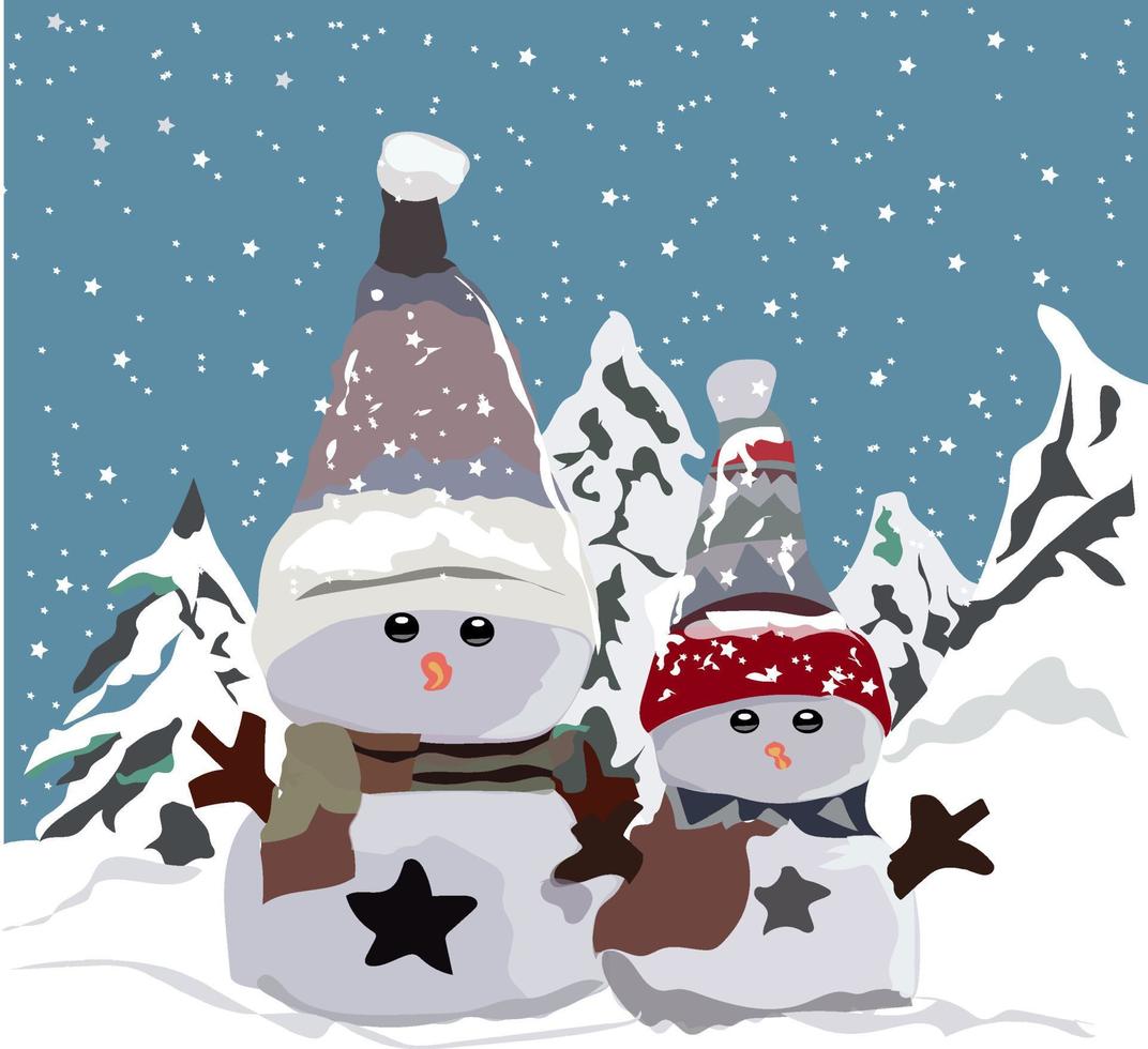 twin snowmen and a pine tree vector