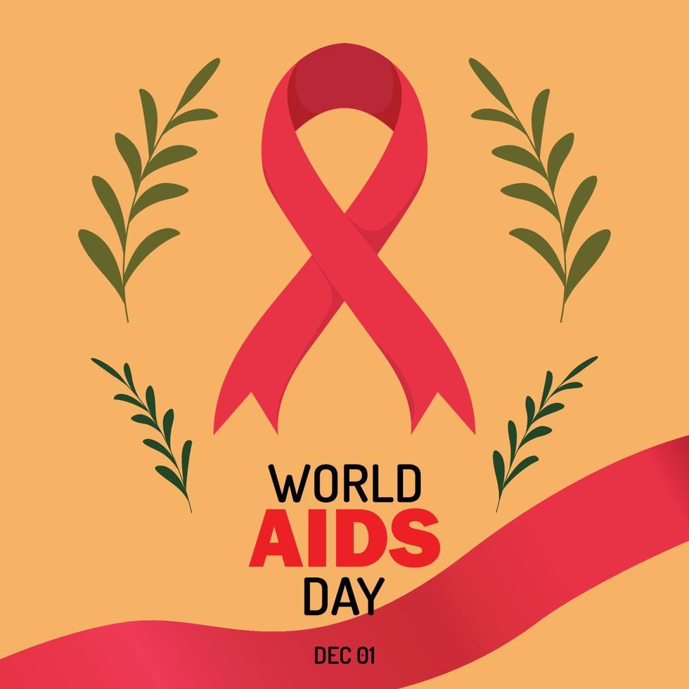 world aids hiv day december. red ribbon with leaves in orang background vector illustration EPS10