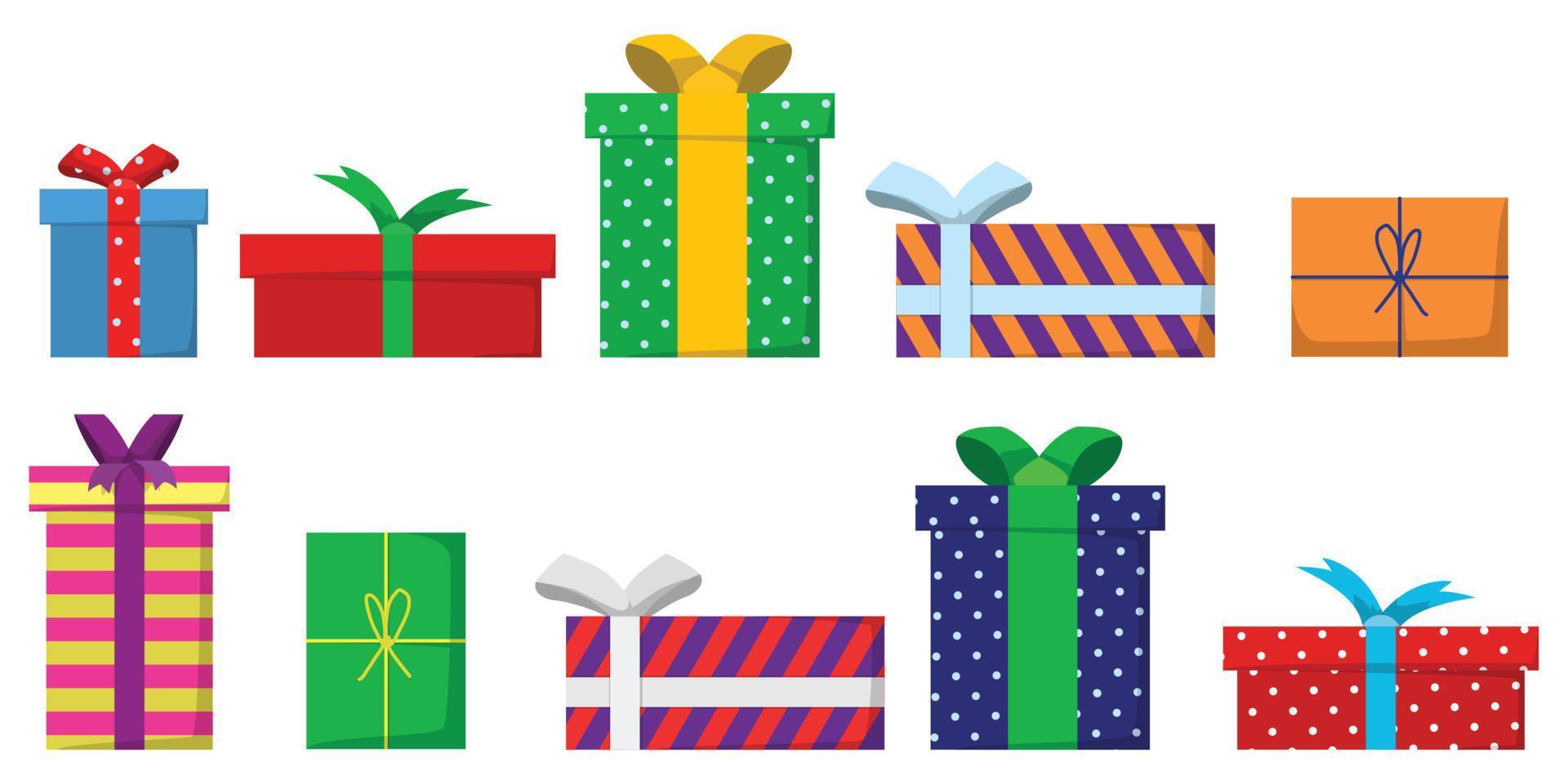 establecer regalo presente icono plano en cajas de diferentes formas colección de vectores para vacaciones, felicitaciones, sorpresa, navidad, año nuevo, cumpleaños concepto vector ilustración eps10