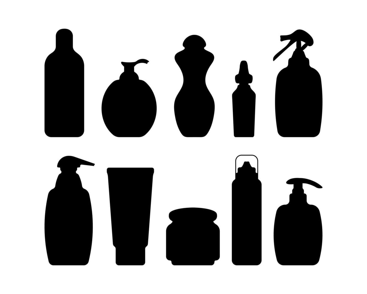 Set of various cosmetic bottles, tubes, jars silhouettes. Clipart include containers for Cream, Lotion, Shampoo, Spray, Soap, Shower Gel, Foam. Isolated on white background vector