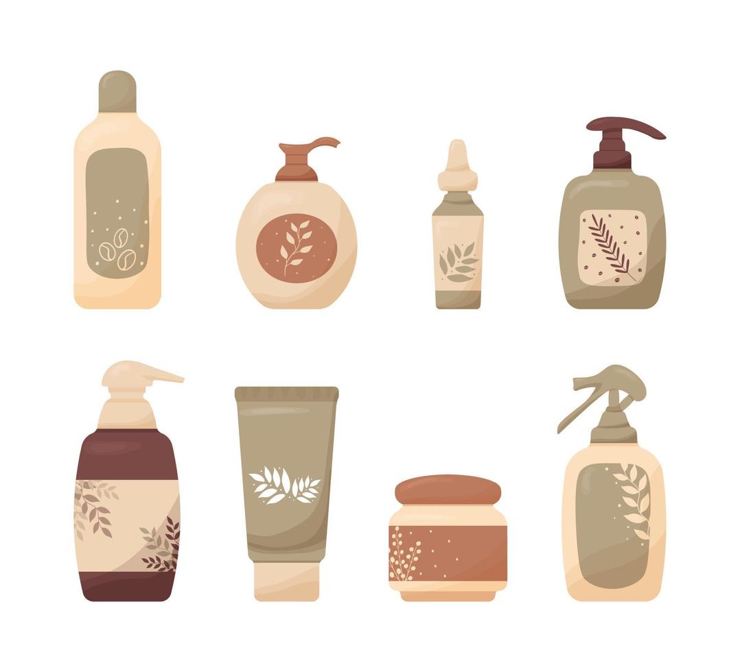 conjunto de varias botellas, frascos y tubos cosméticos coloridos con decoración de hierbas en las etiquetas. crema ecológica, loción, champú, jabón, espuma, gel de ducha para el diseño. aislado sobre fondo blanco. vector