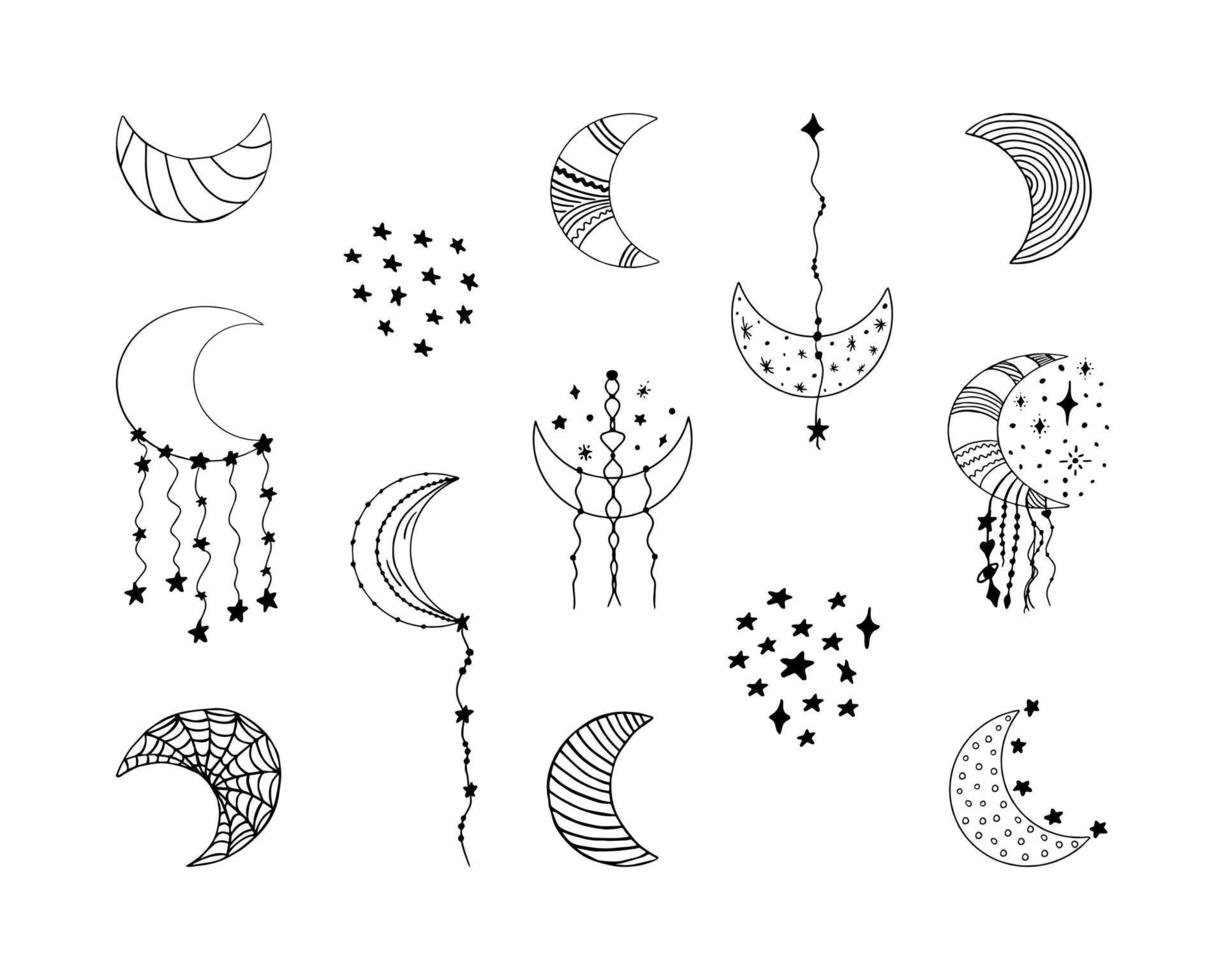 Set of hand drawn various doodle moon crescents decorated with stars, stripes, cobweb, hearts, beads, dots in boho style. Isolated on white background vector