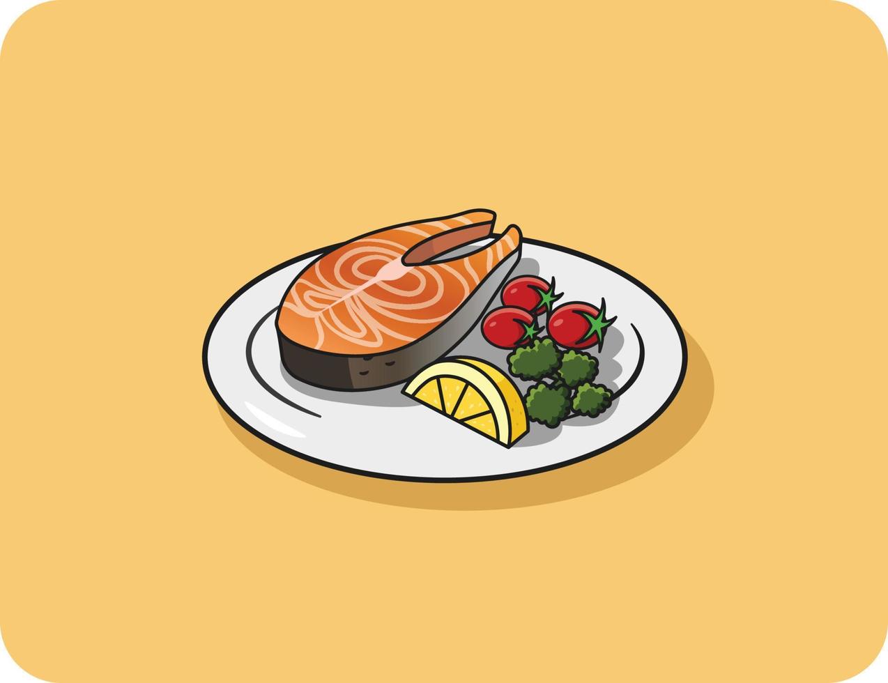 Grilled fish steak with tomato and lemon and vegetables served on a white plate, vector design and isolated background.
