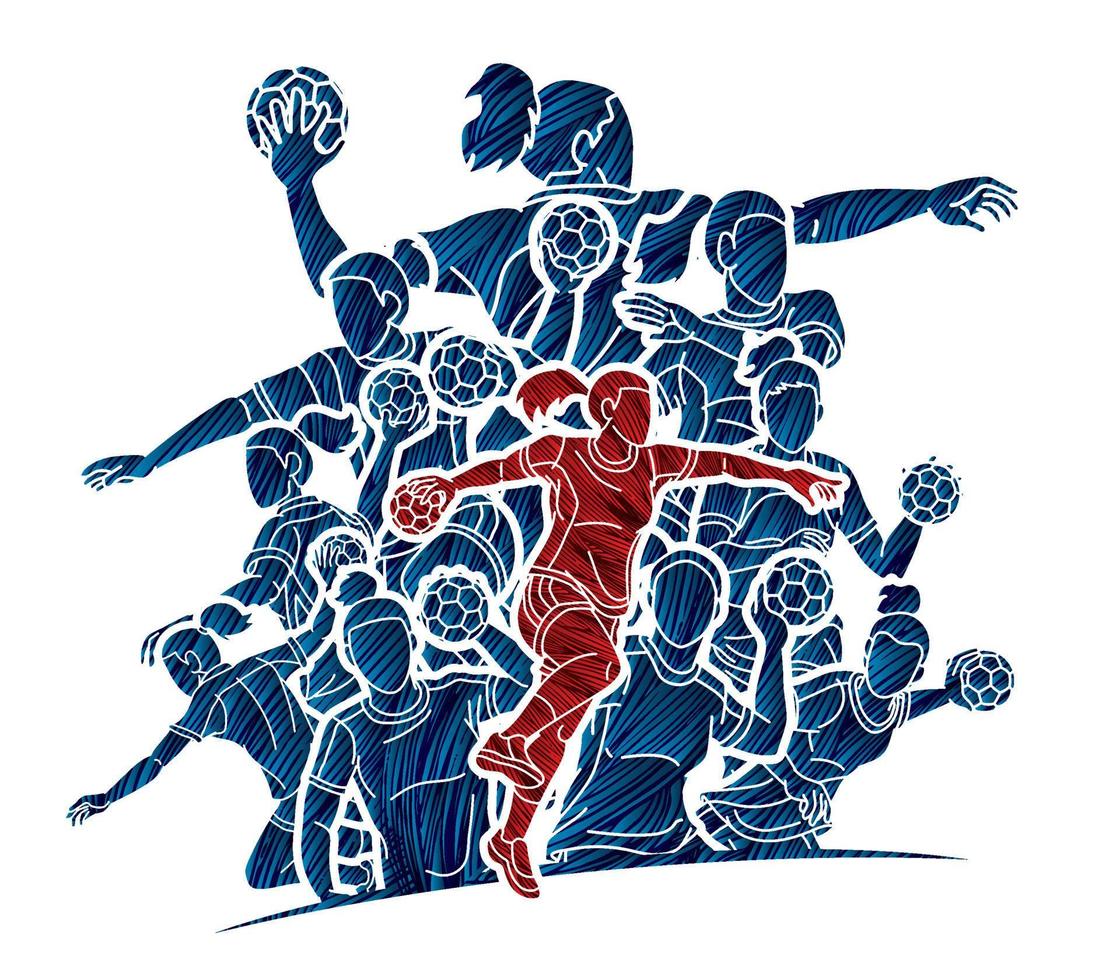 Group of Handball Players  Female Mix Action Cartoon Sport Team Graphic Vector