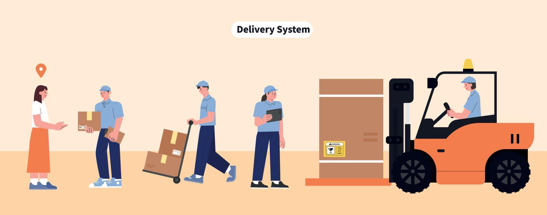 Staff delivering large and small boxes. vector