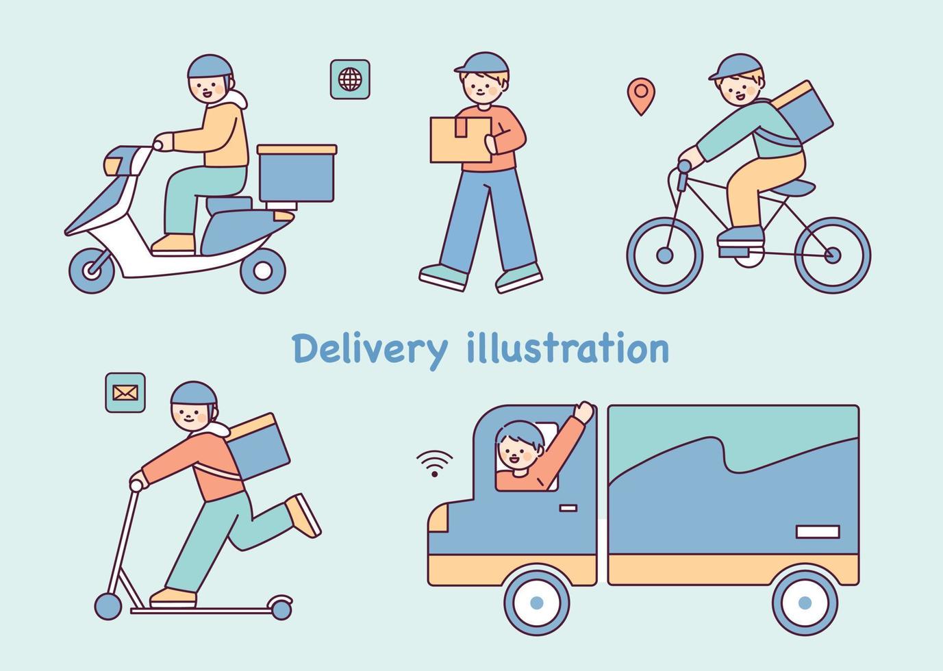 Cute characters delivering deliveries with various vehicles. vector