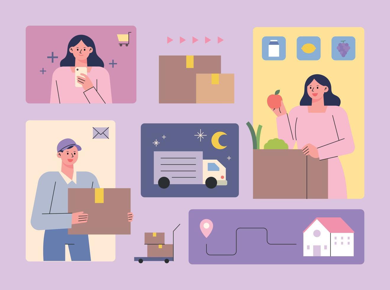 A person who does mobile shopping and moves, goods move during the night, delivery man delivers and receives orders. vector