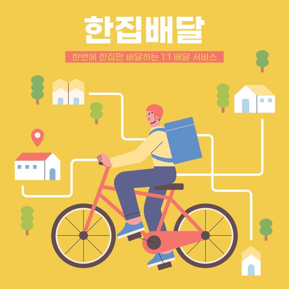 A delivery man is riding a bicycle, loading and delivering goods in a backpack. vector