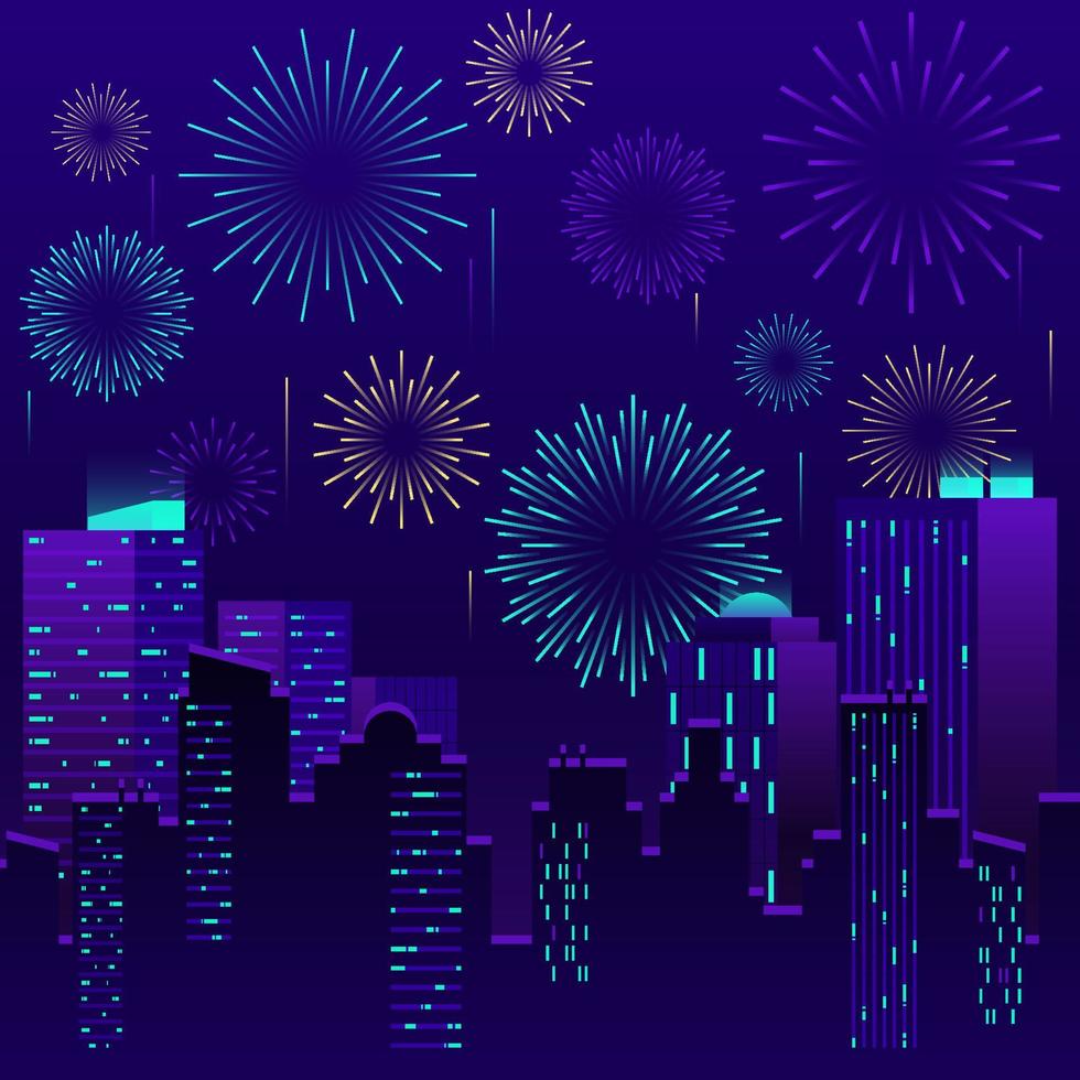 Neon City with Fireworks Background vector