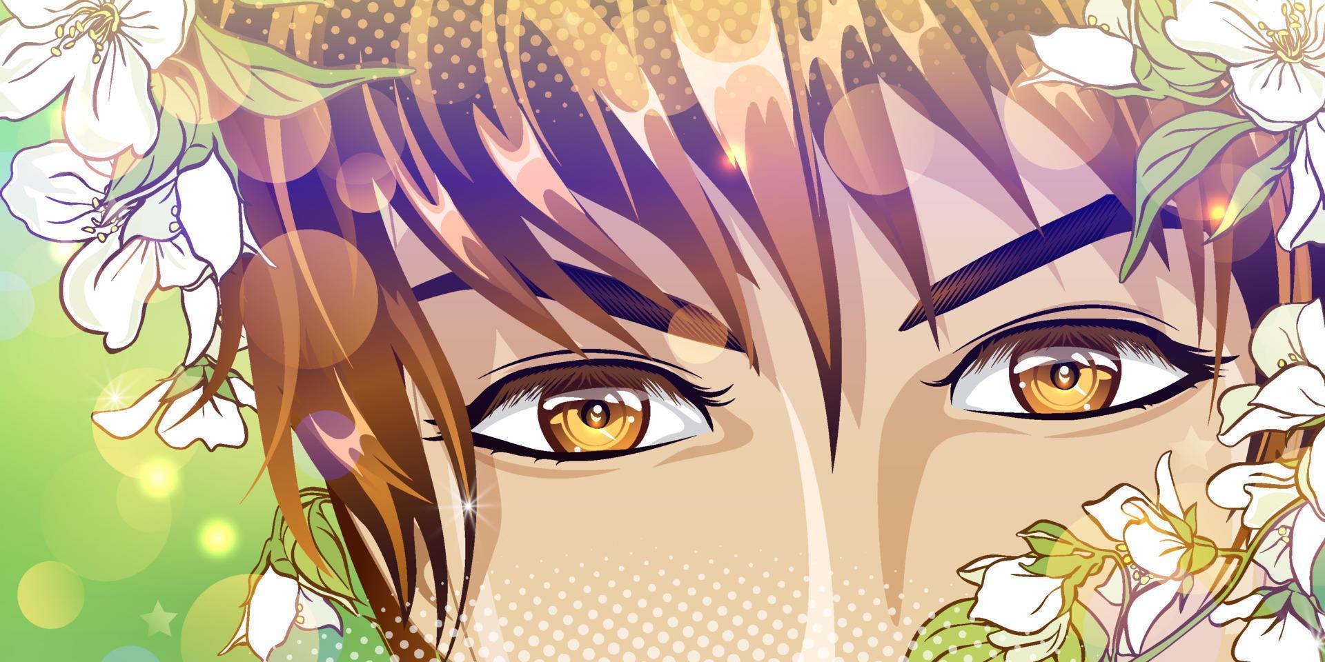 Brown eyes of a young man with flowers in anime style. Happy look. vector