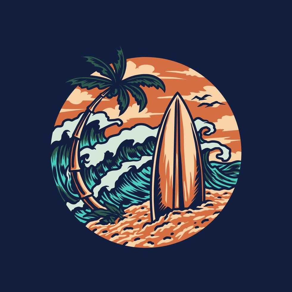 Surfing summer beach t-shirt graphic design, hand drawn line with digital color, vector illustration