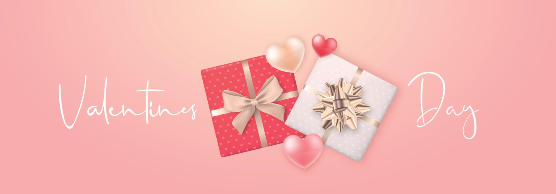 Long Horizontal Valentine's Day Banner. Realistic gift boxes and 3d hearts. vector