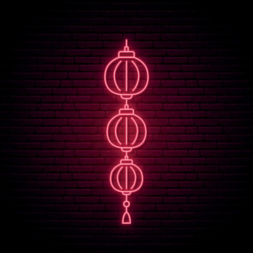 Neon Chinese lantern sign. Decorative paper lantern on brick background. vector